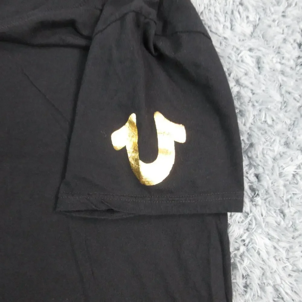 True Religion Shirt Mens Large Black Gold Foil Horseshoe Logo Graphic Cotton